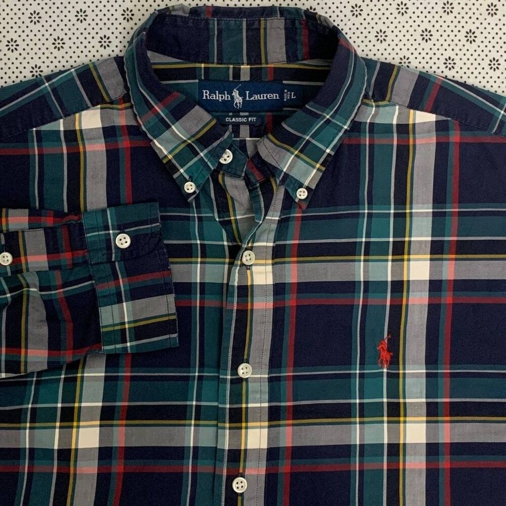 Ralph Lauren Classic Fit Plaid Button Down Shirt Men's L Navy Green